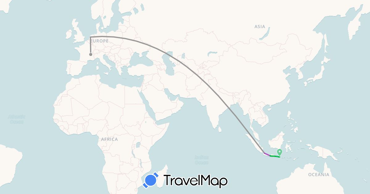TravelMap itinerary: driving, bus, plane, train, hiking, boat in France, Indonesia, Netherlands (Asia, Europe)